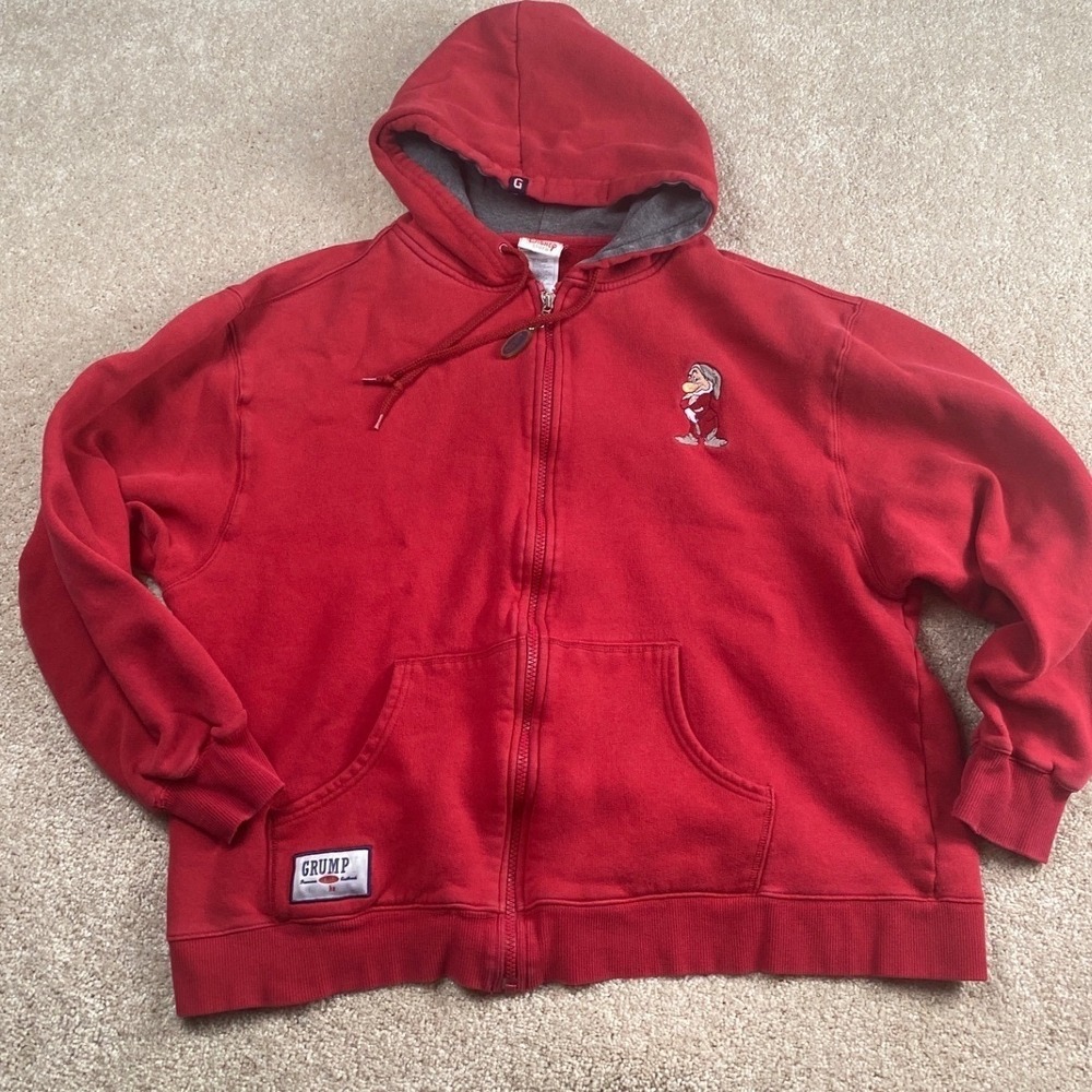 Disney Store Grumpy Zip Up Hoodie Red Mens Large Snow White Seven Dwarfs Fleece